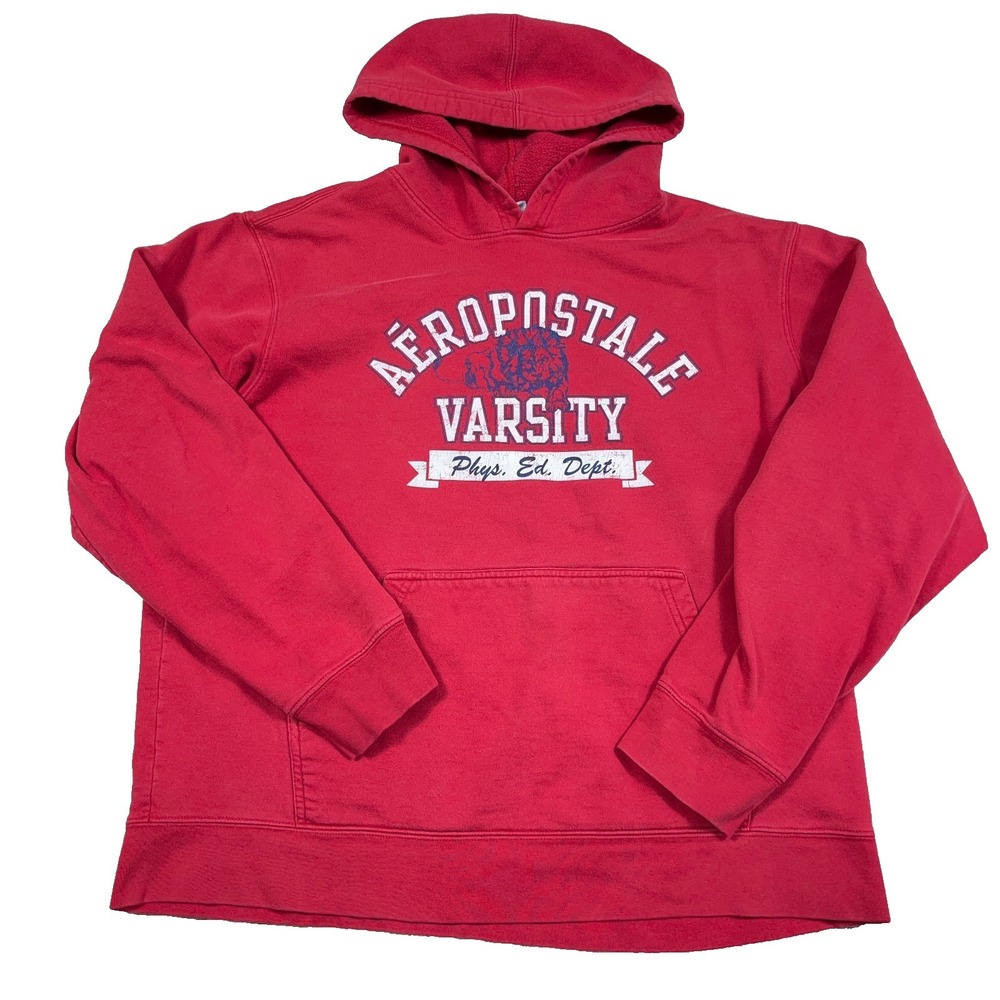 Vintage Y2K Aeropostale Hoodie Men XL Red Sweatshirt Spellout Boxy 2000s Varsity